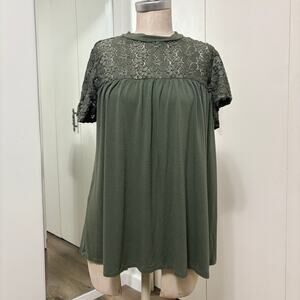 Kim & Cami Woman's Green Cotton & Lace Flowy Loose Fit Short Sleeve Blouse XL